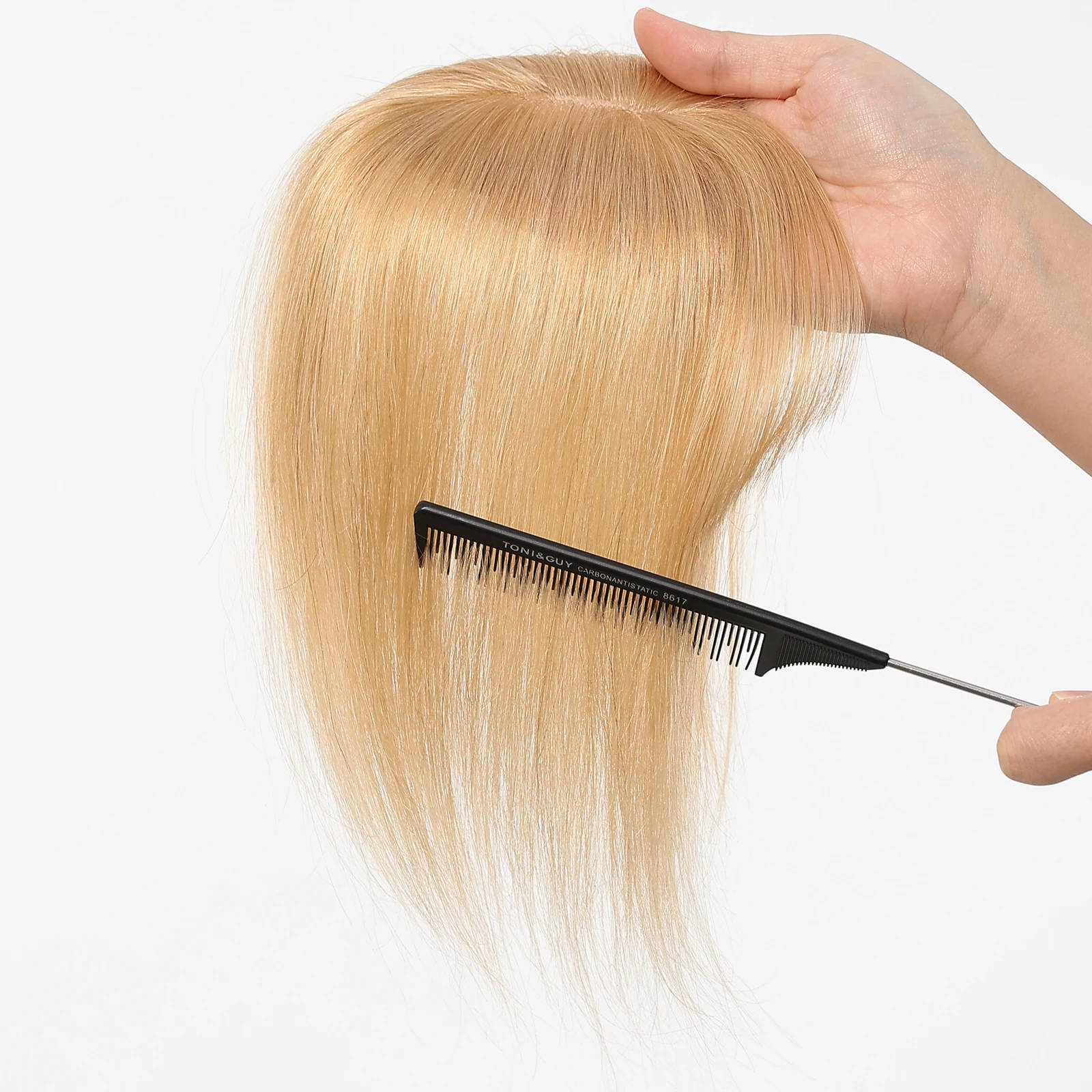 Rambut Asli Remy Silk Base Pirang Muda 10 Inch dengan Poni, 3 Jepitan, Ekstensi Rambut Wanita untuk Penggunaan Sehari-hari
