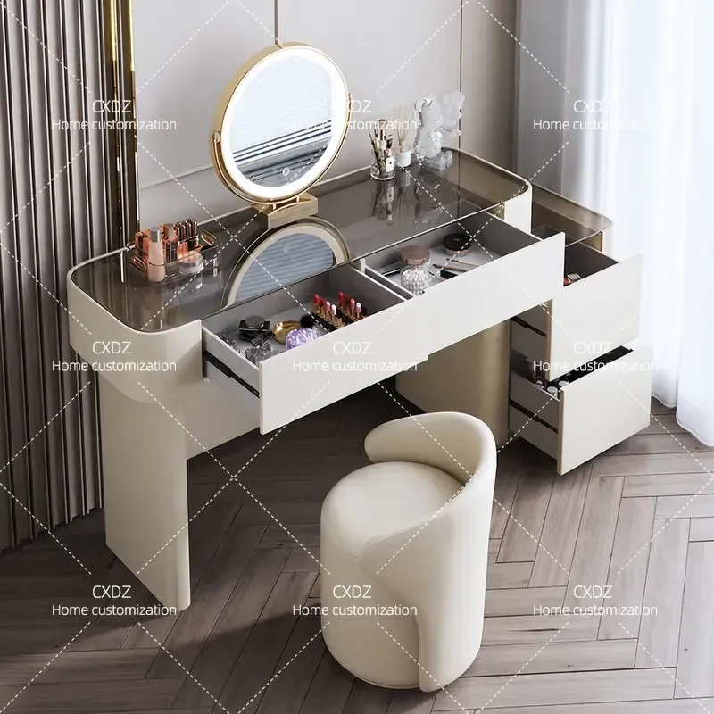 Light Luxury Dressing Table Modern Simple Cream Style Solid Wood Glass Vanity for Bedroom High End Small Apartment Furniture