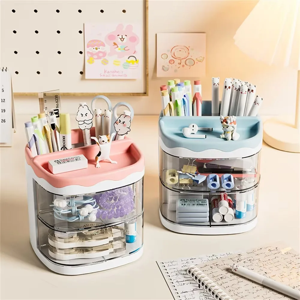 Cute Portable Desk Organizer Acrylic Multi-Section Pencil Case Multifunctional Makeup Brush Storage Box Home Office School