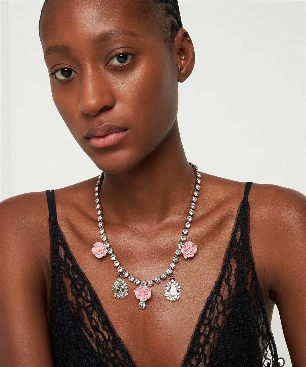Necklace Temperament Light Luxury Pink Flower Drop Jewelry For Women Collares Para Mujer Collar Collier Femme Pendant Grandes De