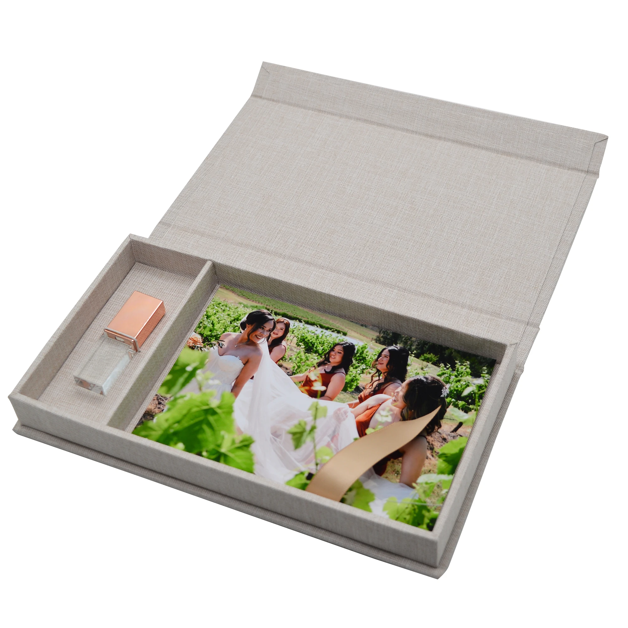 

Luxury linen wedding photo box with USB drive storage, Keepsake memory box, customizable logo