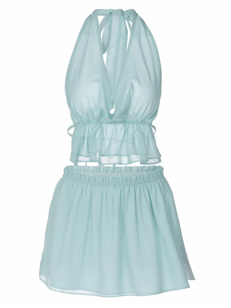 

Swimwear Skirt Cover-up 2 Piece Set Women Crop Tops Mini Skirt Bathing Suit Fashion Solid Chiffon Sexy Beach Cover Up Outfits