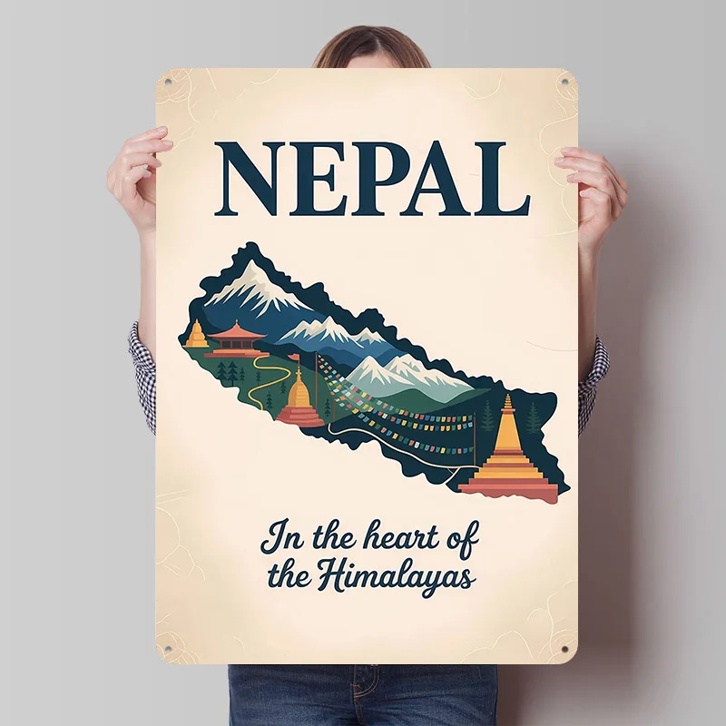 Nepal-Karte Reise-Metallposter Individuelle Wandkunst Retro Vintage Blechschilder für Männerhöhle Heim und Garten Badezimmer Deko Wanddekoration