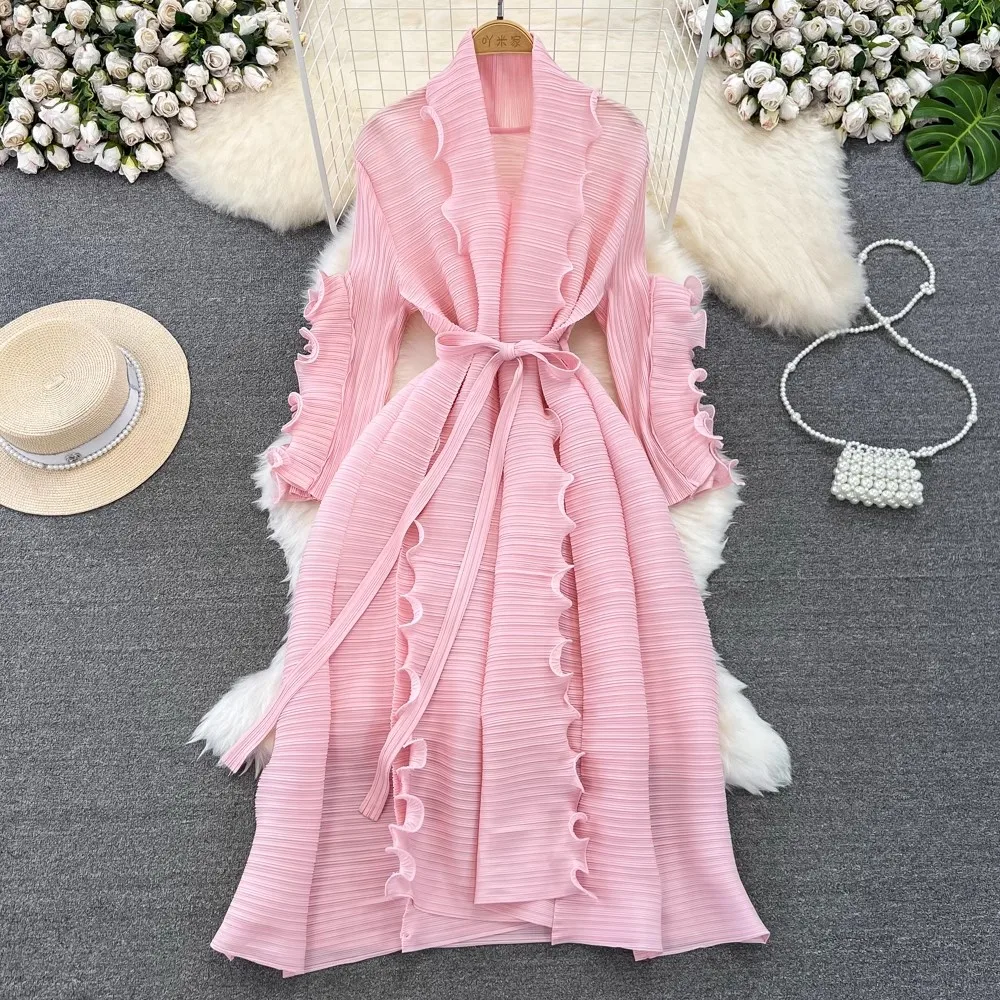 New Miyake Women Summer Spring Pleated Long Vestidos Fashion Women V Neck Edge Ruffles Petal Sleeve Lace Up Loose Casual Dresses