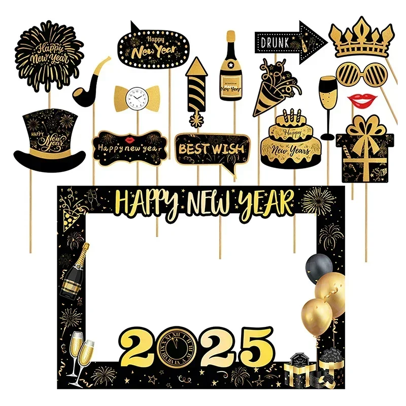 Shiny 2025 New Year Letters Decor Paper Photo Frame Children Adults Handheld Photo Props Party Supplies Photobooth Props