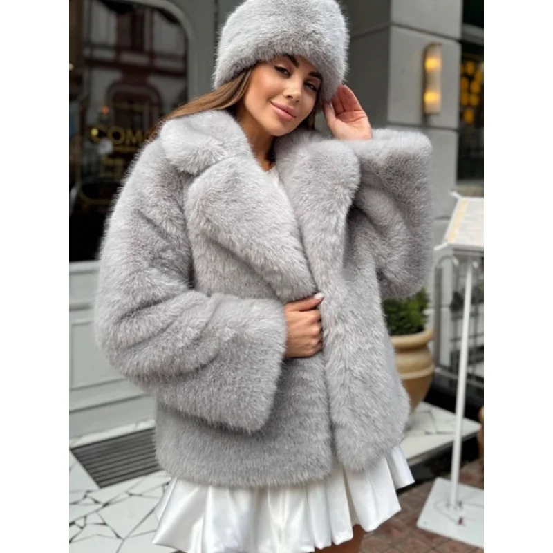 Women's Winter Artificial Fur Lapel Coat Suit Collar Grass Pattern Fashion Outerwear for Cold Weather