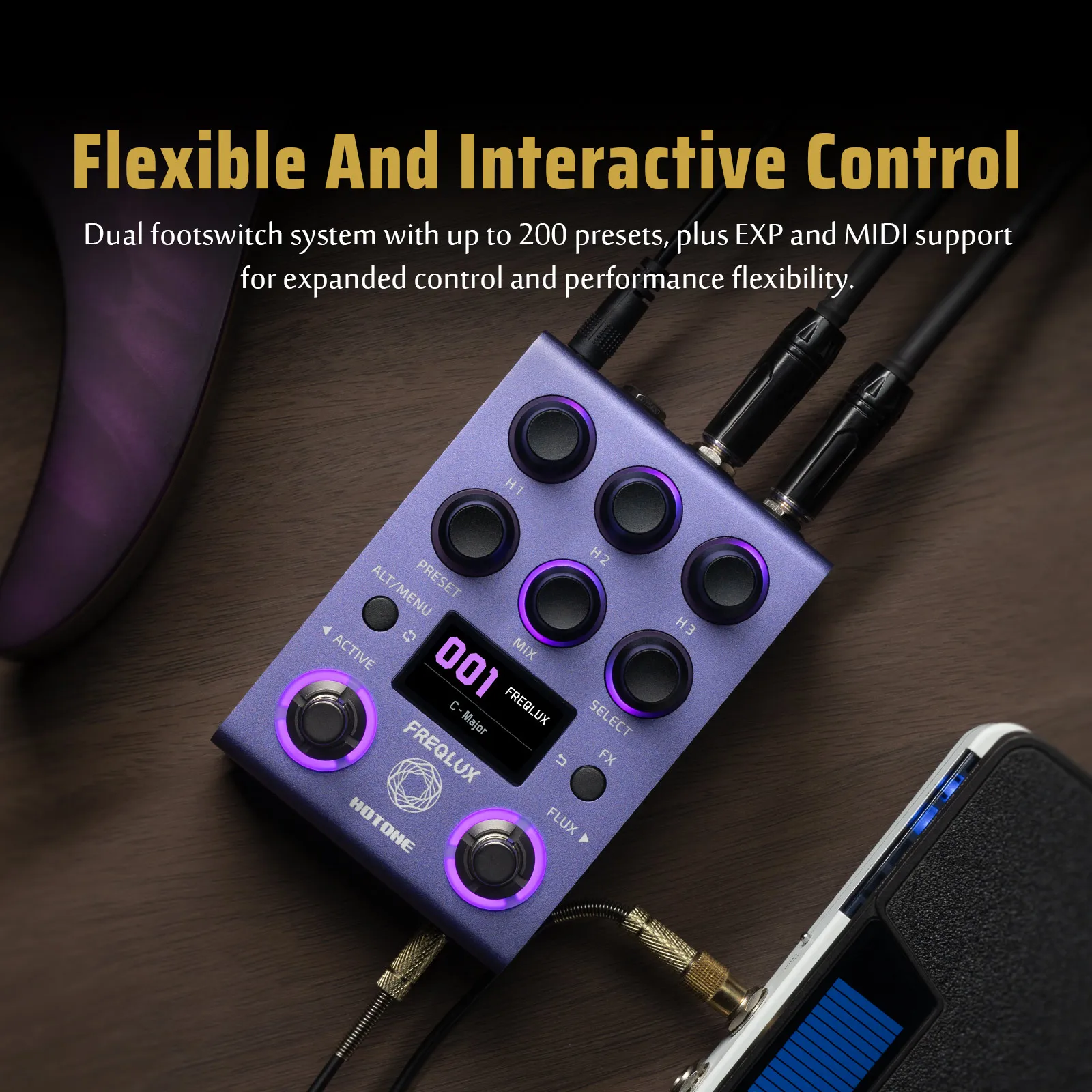 Conexões e controles Hotone Freqlux com MIDI EXP e USB-C