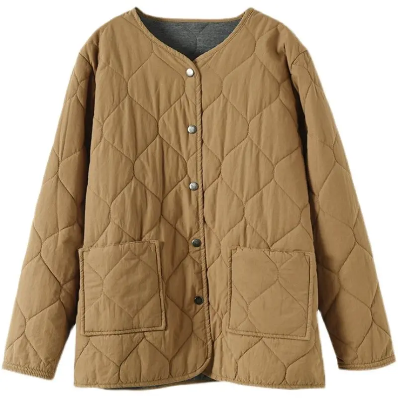 Parkas de Otoño Invierno para mujer, moda coreana, informal, cuello redondo, bolsillos sólidos, cárdigan grueso holgado de un solo pecho, abrigos de algodón, Tops