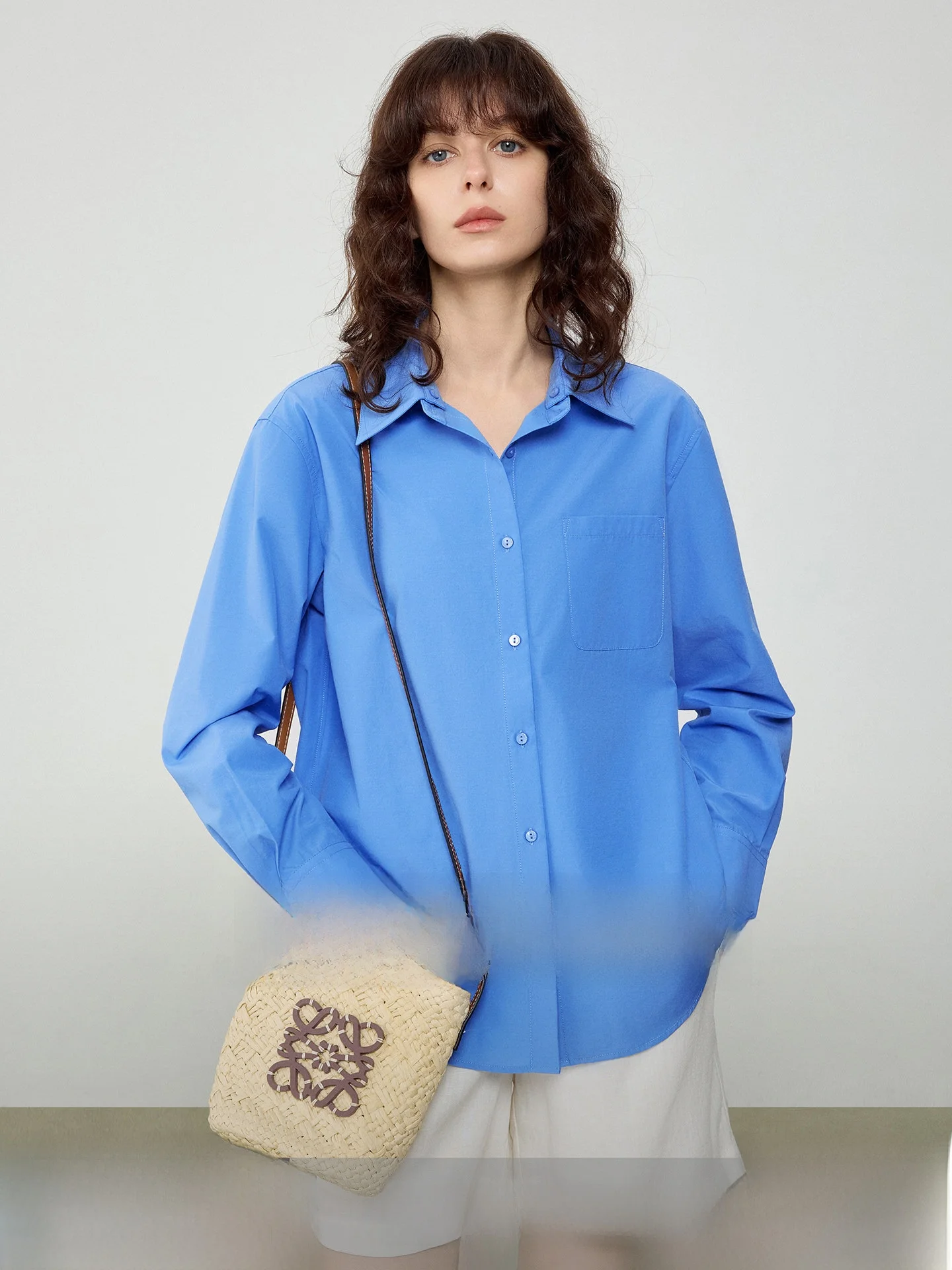

Ayk Home Klein Blue Women's Shirt Detachable Collar Commute Style Cotton Polyester Blend Long Sleeve V-neck Business Casual