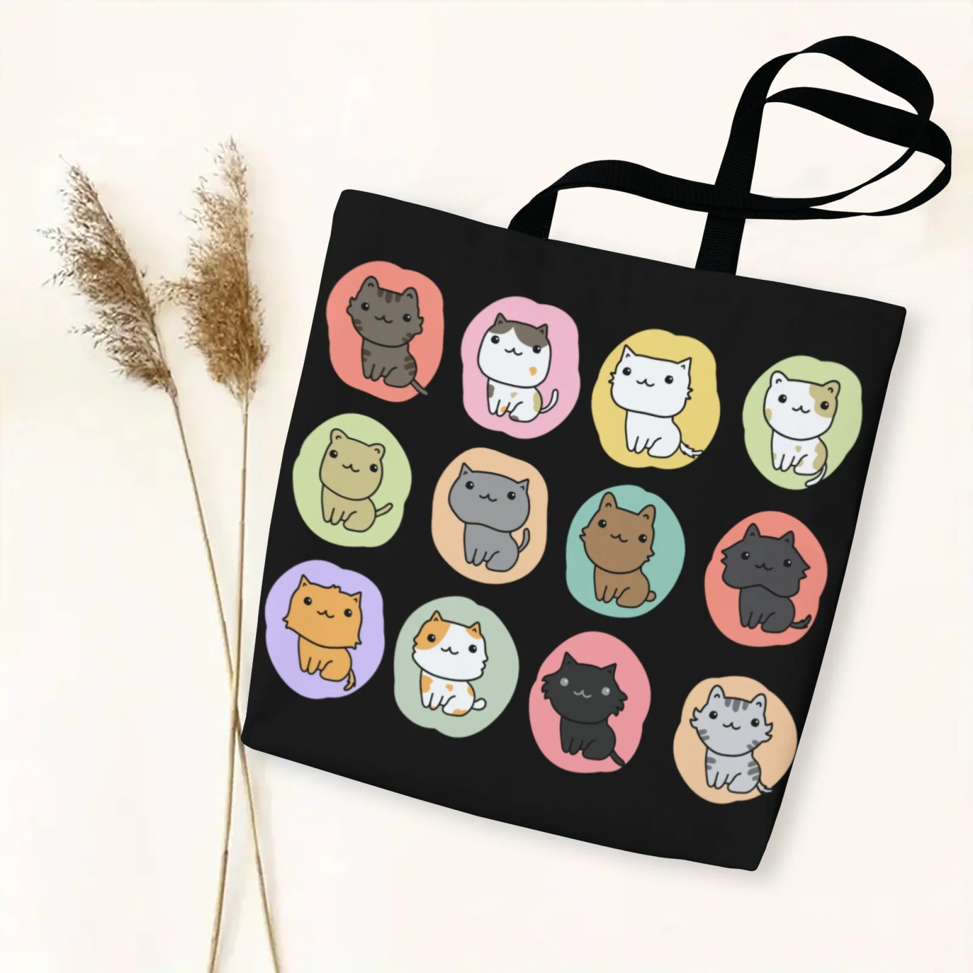 Bolsa tote de lona de gato kawaii coreano, estampa de gato preto para mulheres, bolsa reutilizável de moda, perfeita para viagens diárias estéticas fofas