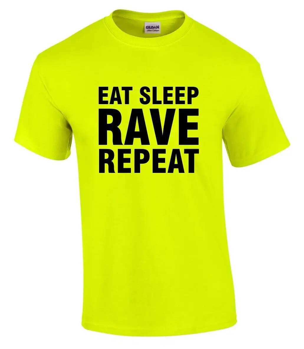 EAT SLEEP RAVE REPEAT Mens Neon Yellow T-Shirt S-5XL Printed Techno 80s 90s