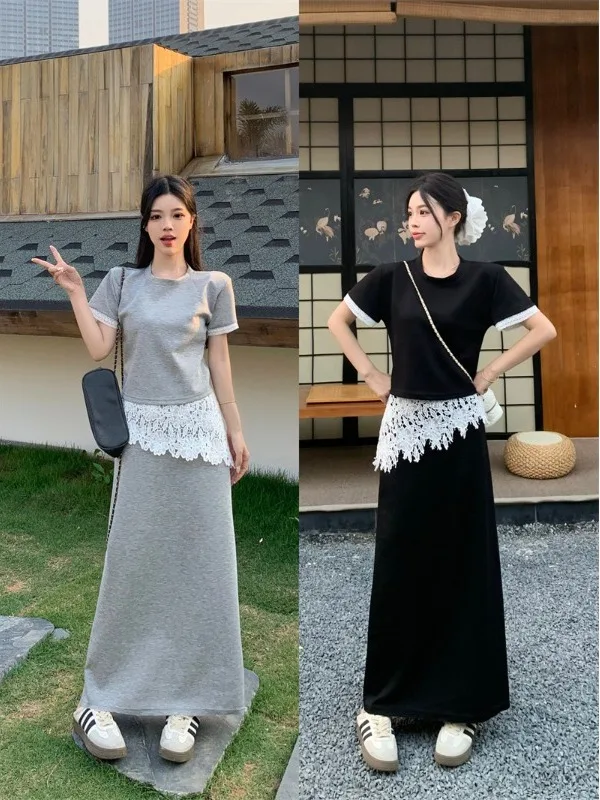

plus Size Women's Summer Fashionable round Neck Short Sleeve Lace Splicing High Waist Skirt Two-Piece Set Breathable Mid-Thick