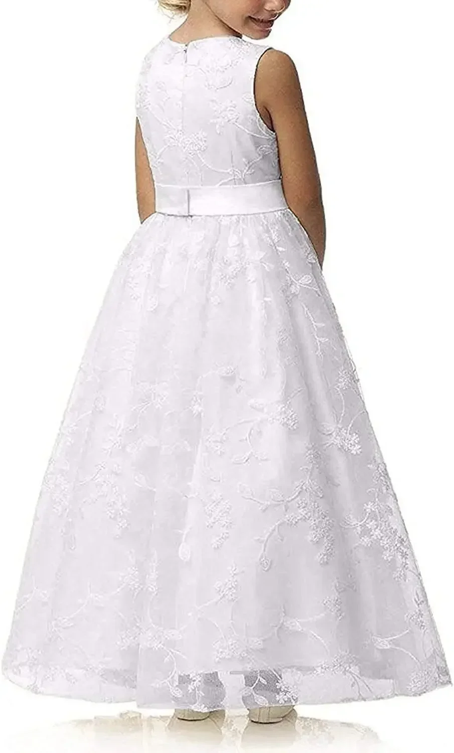 White Flower Girl Dress For Wedding Lace Appqulies Tulle Skirt White Ivory Ball Gown Illusion Summer Sleeveless Fisrst