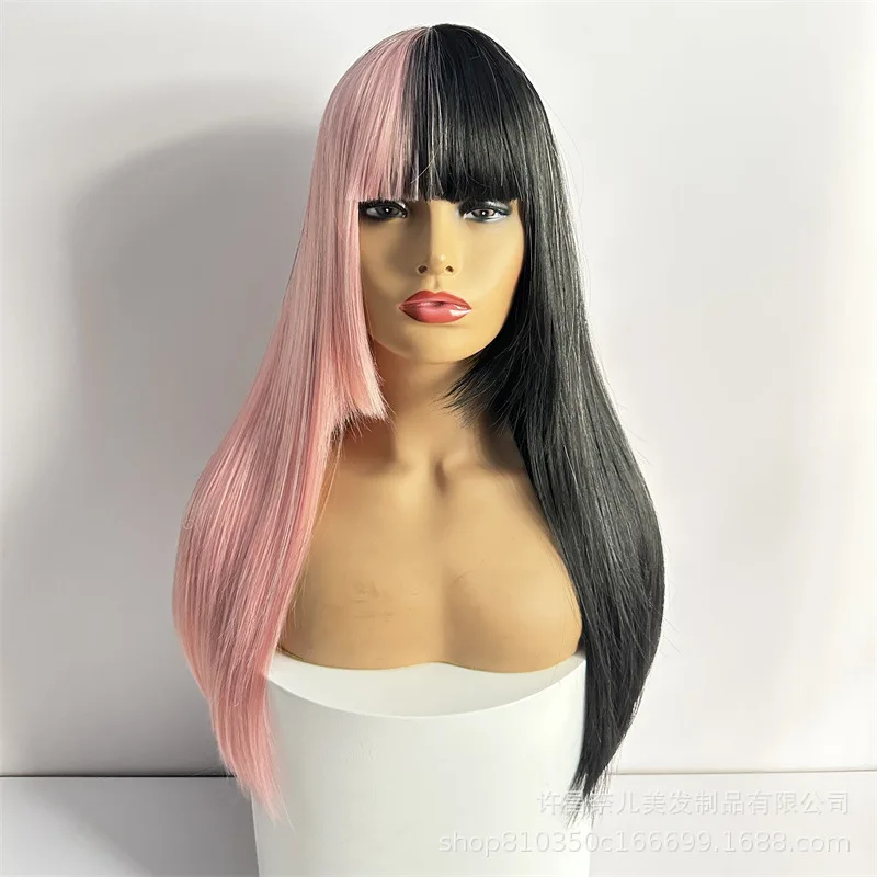 

Long Straight Hair European and American Style Wig Black Straight Bangs Pink Black Panel Natural Rose Net Hair Cover High-Temper