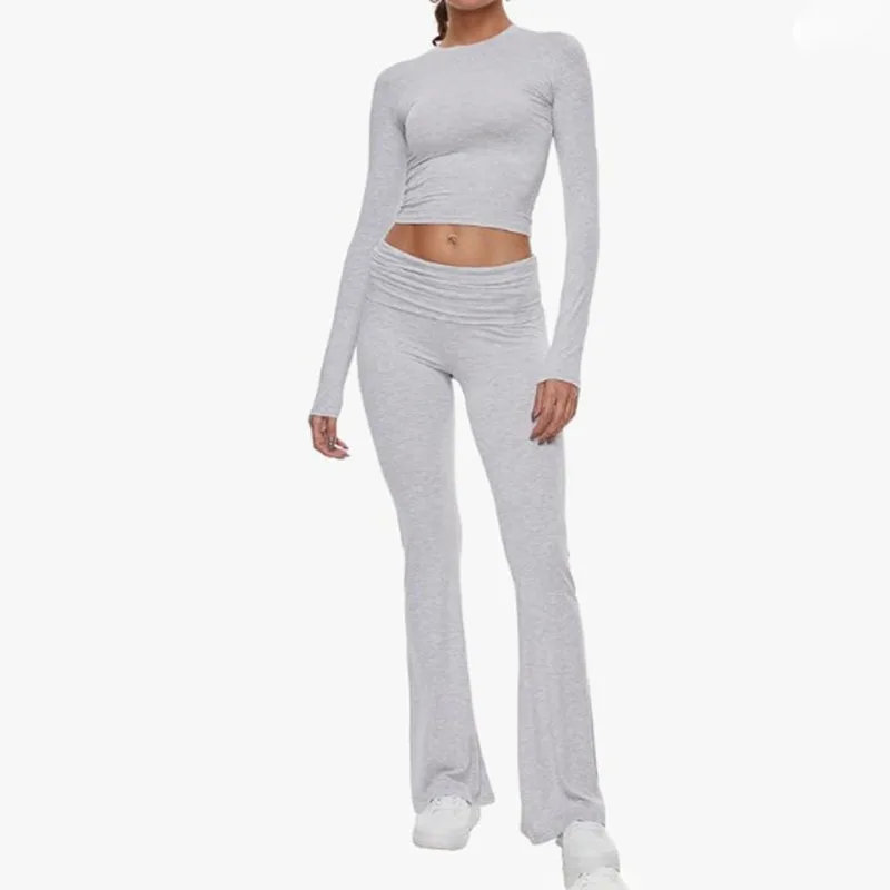 Crop Round Neck Slim Low Waist Flare Pants Set Women's Casual Trendy