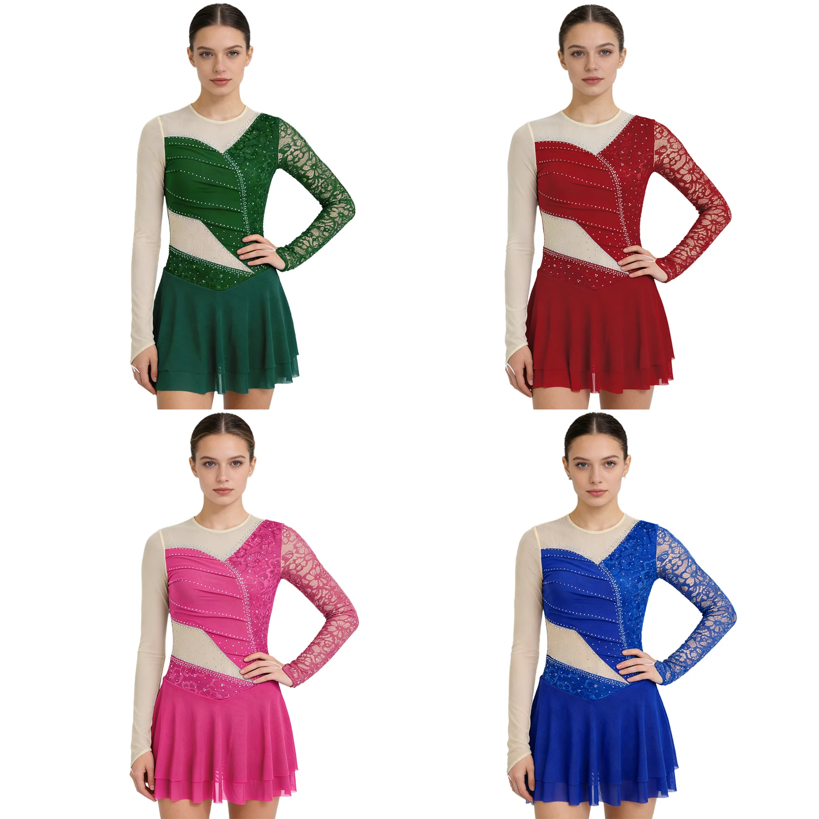 

Women Figure Skating Dress Long Sleeve Mesh Floral Lace Rhinestone Bodysuit Gymnastics Acrobatics Ballet Latin Dance Clothes