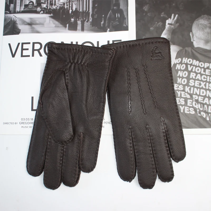 Guantes de piel de ciervo de alta calidad para hombre, protector de pantalla táctil, forro de punto de lana cálida, cosido a mano, cuero corrugado elegante, guantes de conducción