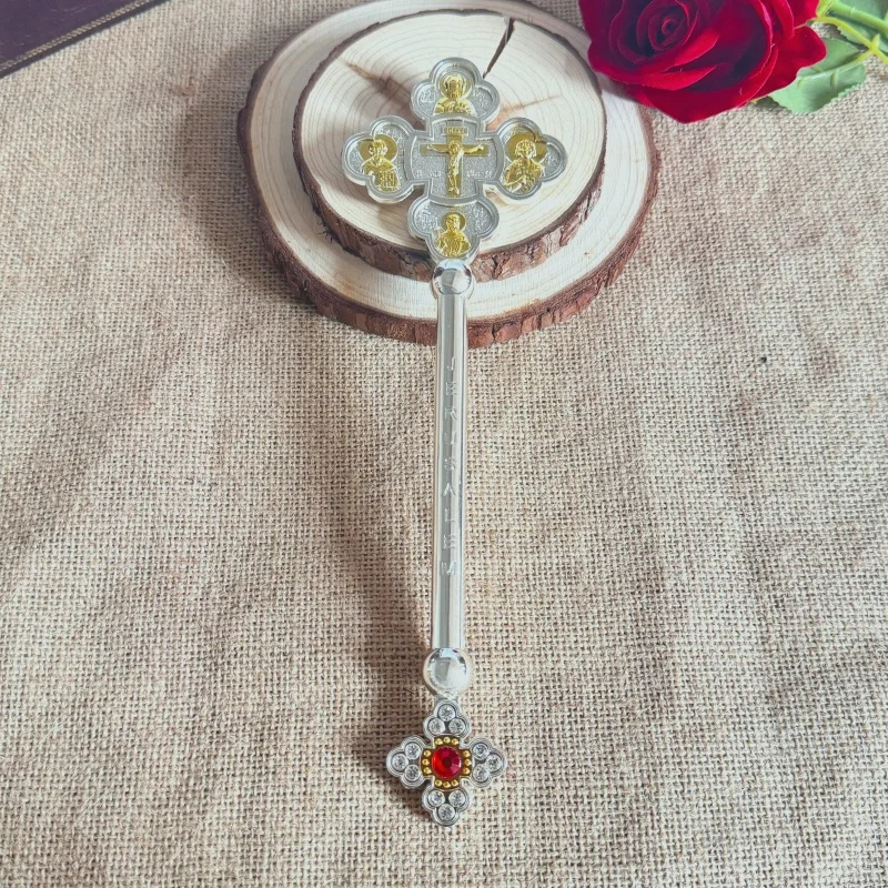 Silver Tone Hand Blessing Cross with Gold Icons, Red Rhinestone & Jerusalem Engraving for Orthodox Catholic Priest Liturgy G
