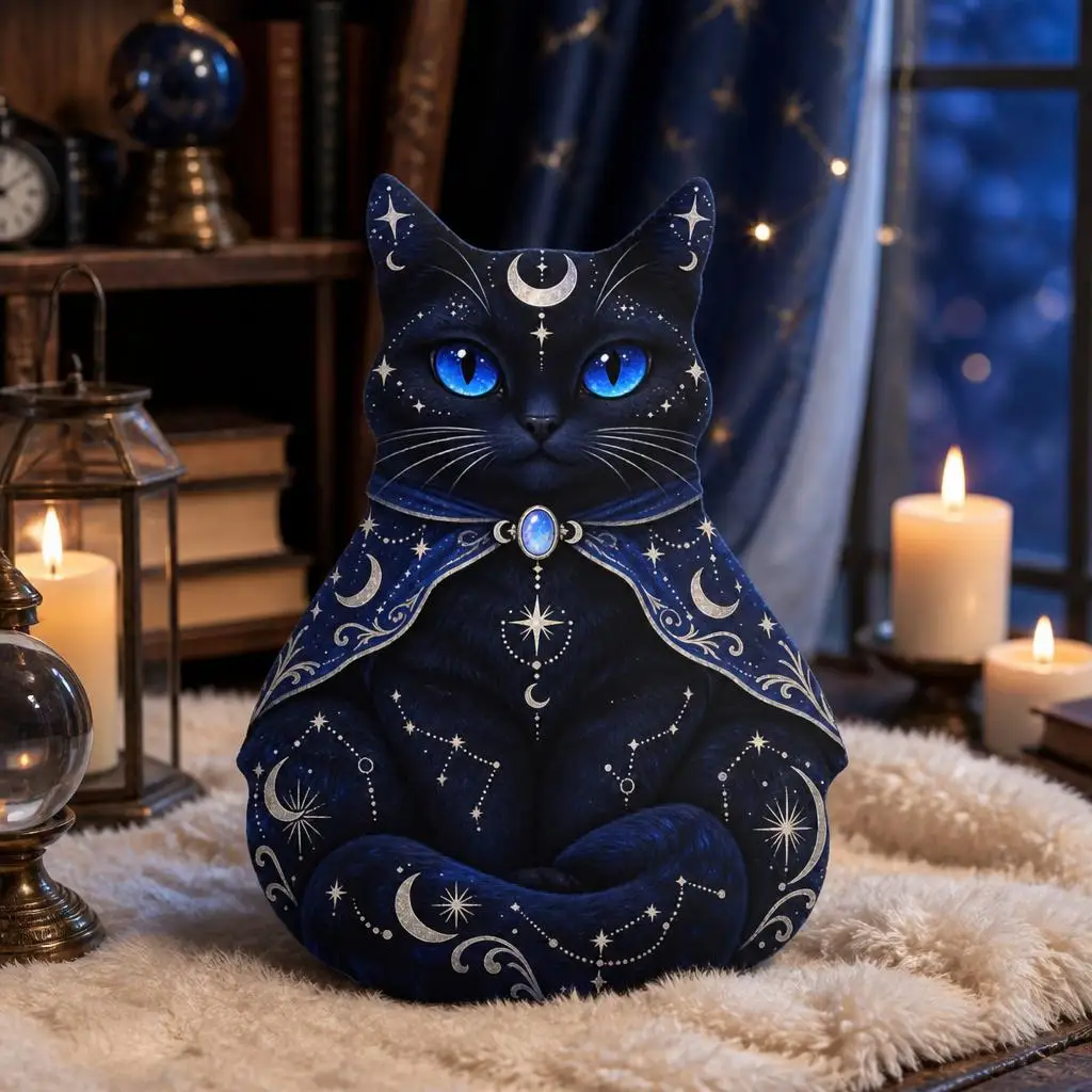 Celestial Black Cat Plush Pillow Witchy Moon Stars Stuffed Cushion Shaped Throw Pillow Gothic Home Decor Accent Sofa Gift