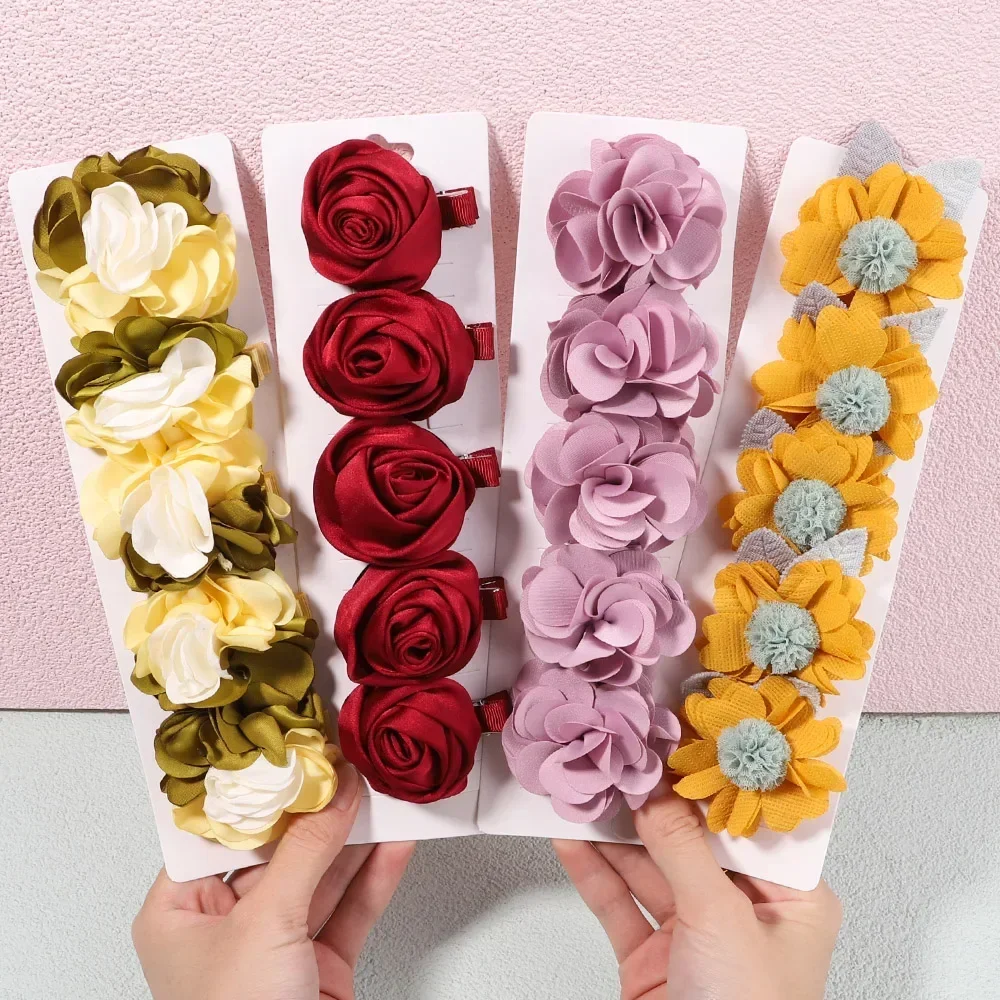 5/3pcs Kinder handgemachte Chiffon Blüten blätter Mohn Blume Haars pangen gerollt Rose Stoff Haar Blumen für Kinder Mädchen Haarschmuck