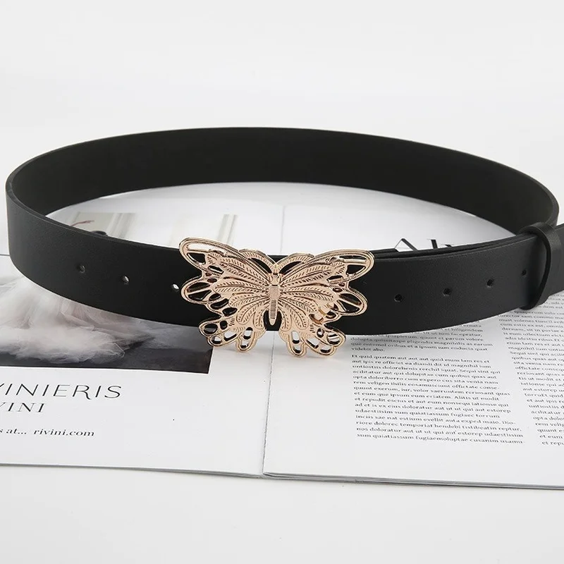 

Designer's New Gold and Silver Metal Butterfly Snap Belt Retro Pu Leather Female Belt Decorative Jeans Tide Belts for Women