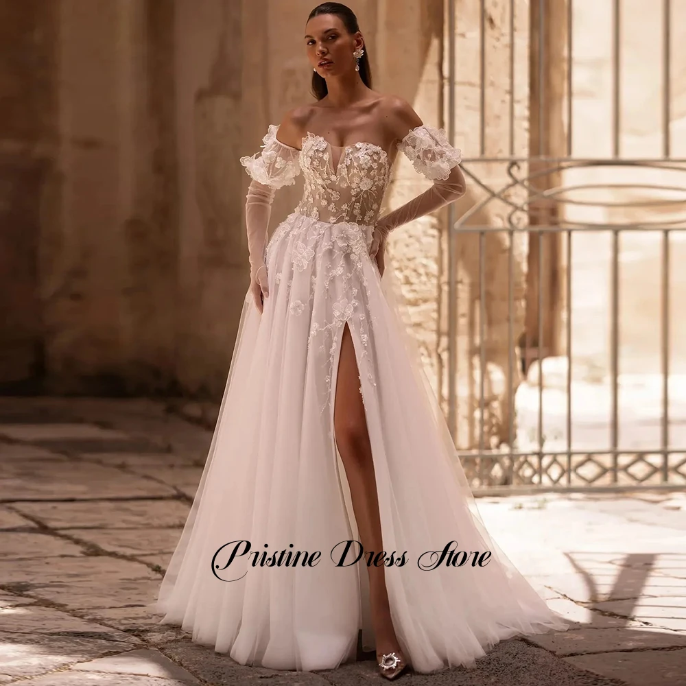 정교한 튤 A라인 사이드 슬릿 웨딩드레스 신부 맞춤형 스위트하트 아플리케 탈부착 가능한 소매 백리스 브라이덜 가운