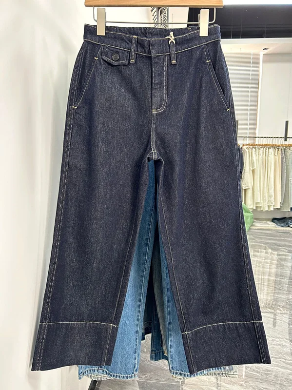 Jenny&Dave Spring Woman Clothes French Elegant Navy Blue Denim Pants Non-fading High Waisted Straight Cropped Jeans For Women - view 3