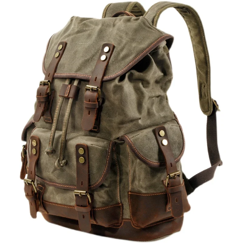 Backpack Men\'s Women\'s Vintage Wax Canvas Tactical Travel Bag Large Capacity Outdoor Mountaineering Camping Leather Backpack