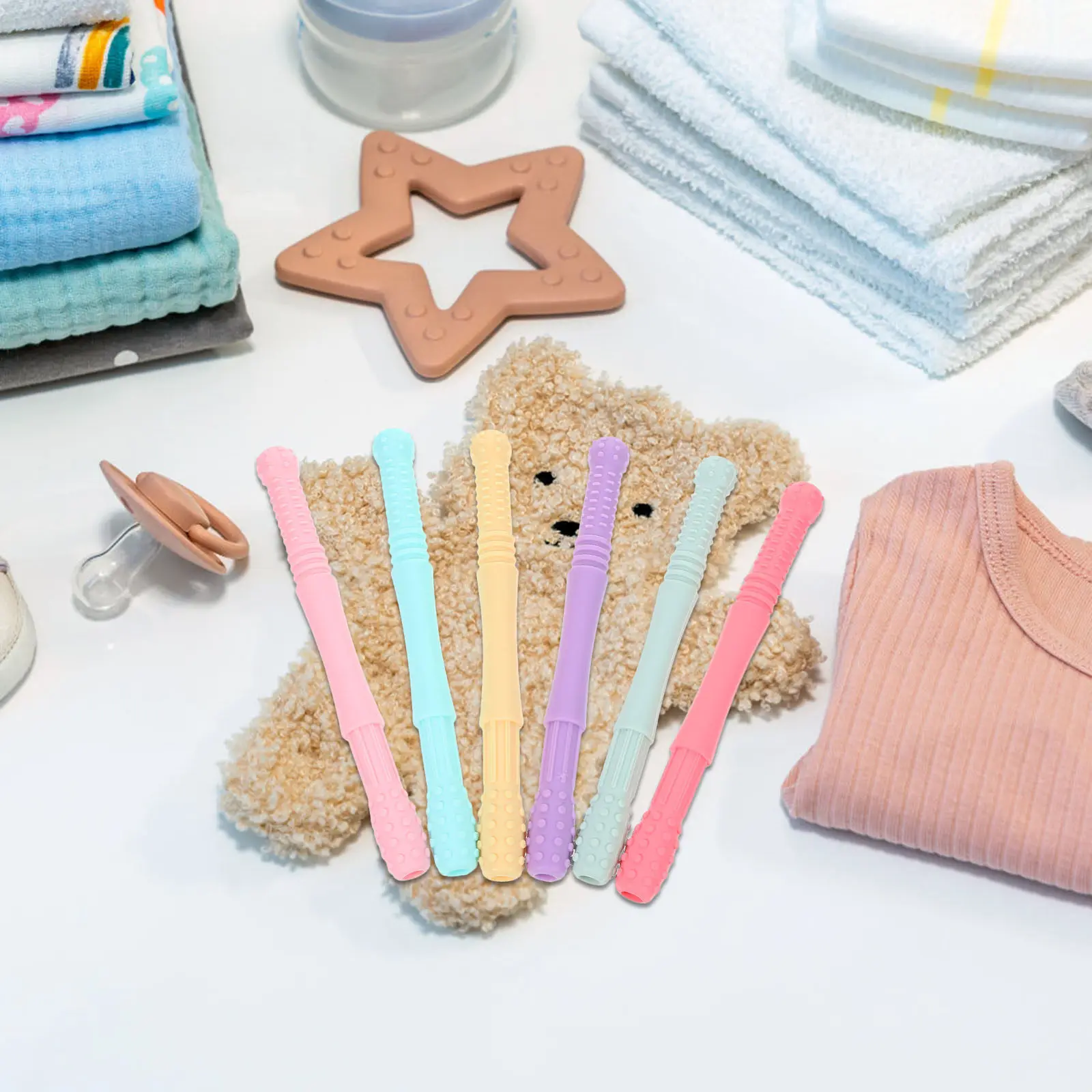 

Набор из 6 силиконовых прорезывателей-соломинок для младенцев: сенсорные, успокаивающие, от сосания пальцев