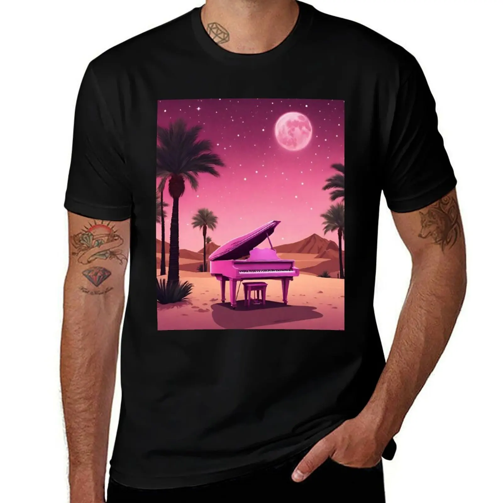 Piano in the Egyptian desert with Pyramids, jungles, lanterns, ancient Rome T-Shirt Soft Durable Cotton T-Shirt