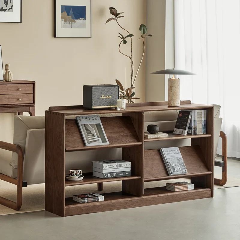 

Nordic Japanese-style black walnut bookcase living room magazine rack floor-to-ceiling combination cabinet storage