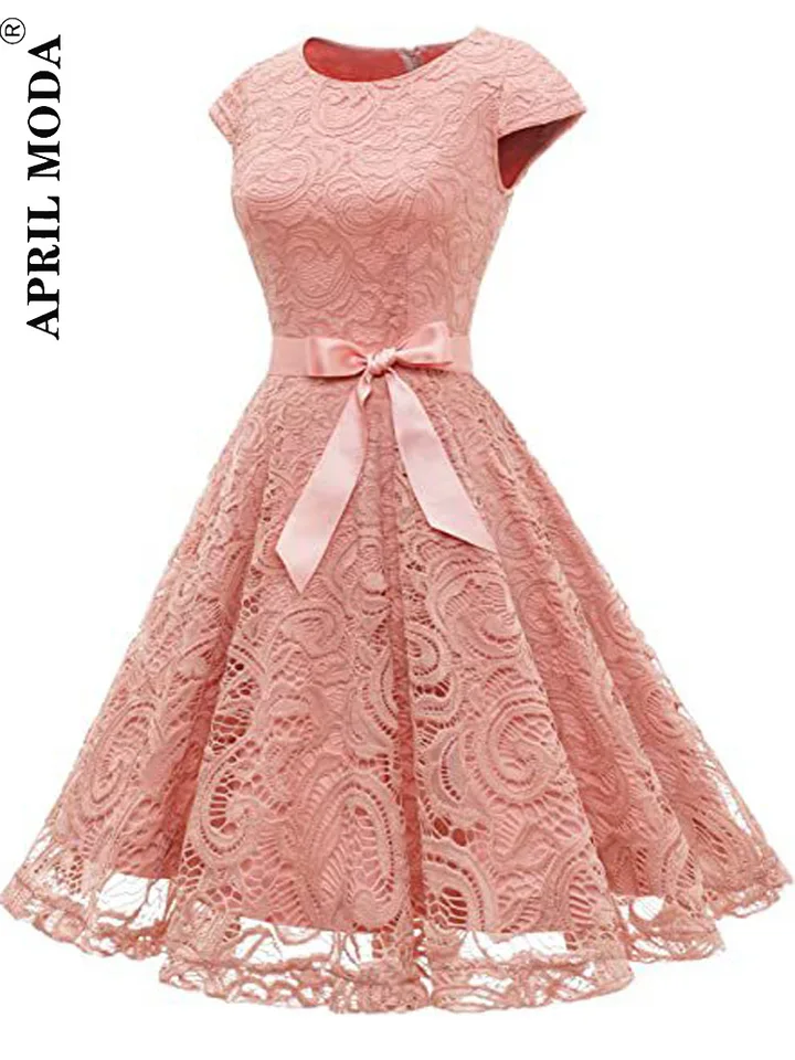 2025 Women Midi Prom Dress Sexy Pink Lace Flower Hollow Boho Short Sleeve Dresses for Femme Wedding