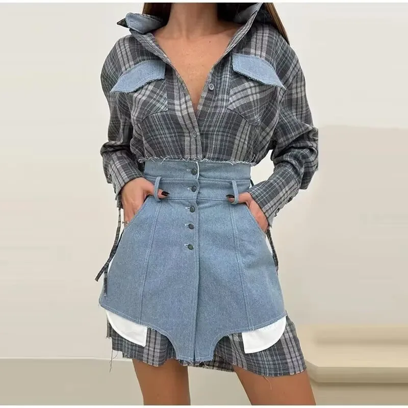 Plaid Shirt Dress Set Women's Fashion Long Sleeve Cardigan Style Summer Casual Wear Polyester  Cross-Border Item