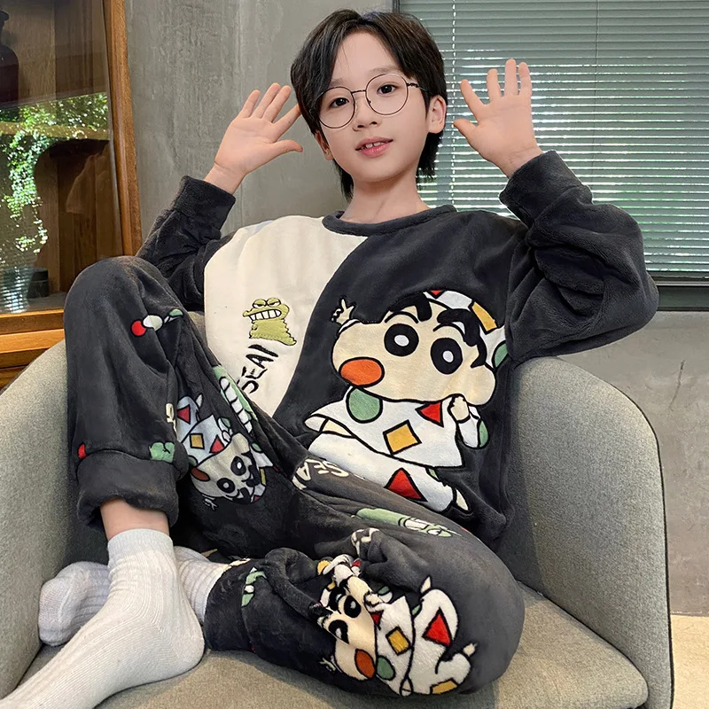 2 قطعة الكرتون تلوين شين تشان بنين الأطفال المخملية منامة مجموعة البلوز السراويل أنيمي اليابانية الكرتون الخريف الشتاء ملابس منزلية جديدة #3