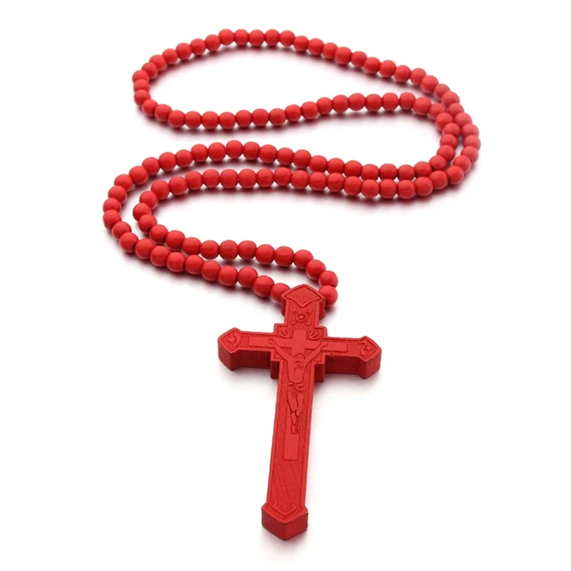 Catholic for Cross Necklace Wooden Beads Rosary Religious Wear Jesus Carved Pendant Chain Christian Prayer Jewelry