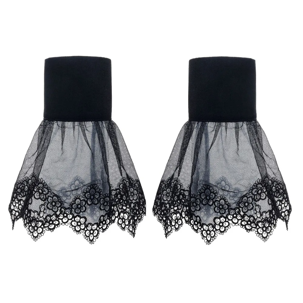 

1 Pair Elegant Versatile Lace Sleeves Elastic Solid Color False Sleeves Floral Embroidery Pleated Flare Lace Cuffs for Women