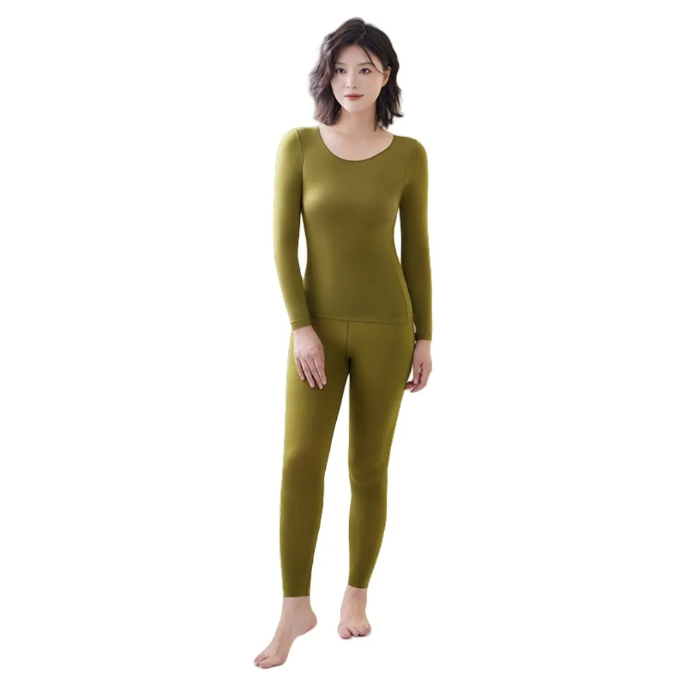 

Ultra Thin Women Thermal Clothes Round Neck Tops and Pants Set Thermal Underwear Feel Heating Invisible Warmth Long Pants