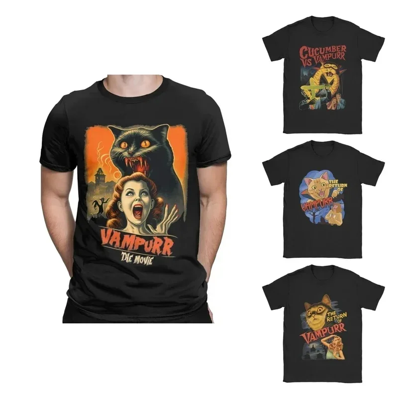 Y2K The Return Of Vampurr T-Shirts For Men Horror Dracula Cat Funny 100% Cotton Tees Round Neck Short Sleeve T Shirt Tops