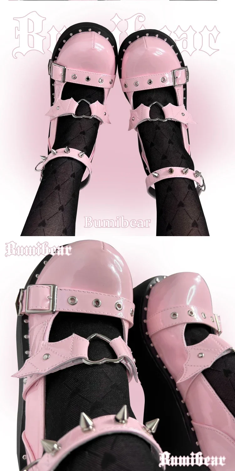 Lolita Punk Shoes Japanese Style Thick Bottom Dark Hot Girl JK Leather Shoes Female Black and Pink Rivet Pumps High Heels