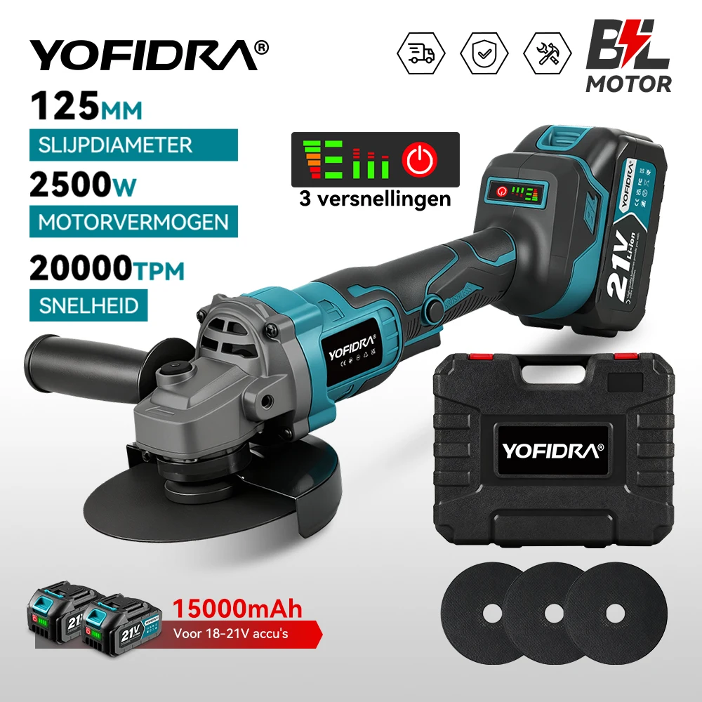 Meuleuse d'angle électrique sans fil YOFIDRA 125 mm, 20000 tr/min, 3 vitesses, outil de meulage, polissage et découpe du bois, compatible avec batterie Makita 21 V.