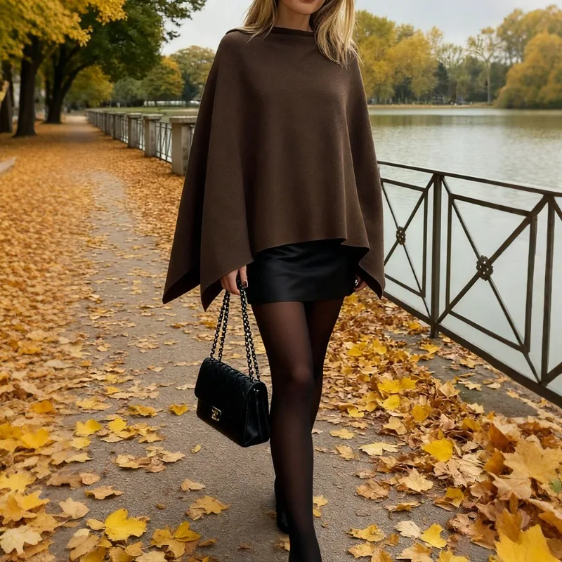 

CharmChant Brown Knitted Cape Coat Winter 2025 Woman O-neck New in Jackets Chic and Elegant Solid Loose Long Poncho Coats Woman