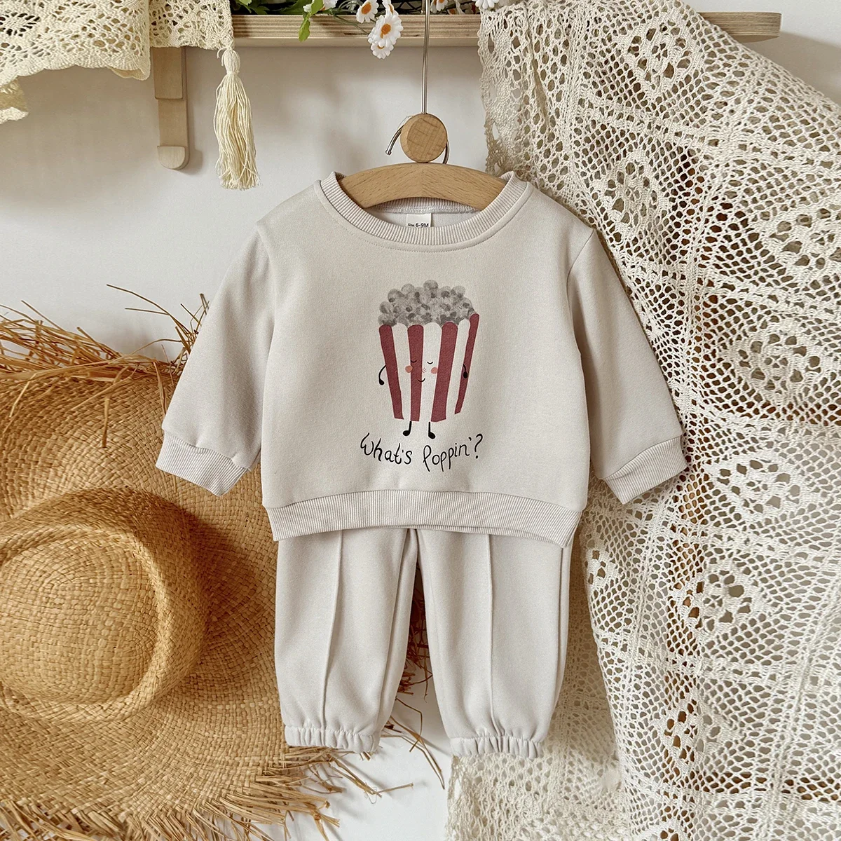 2PCS Spring Autumn New Comfortable Casual Popcorn Print Long Sleeves O-neck Pullover+Pant Baby Clothes for Newborn