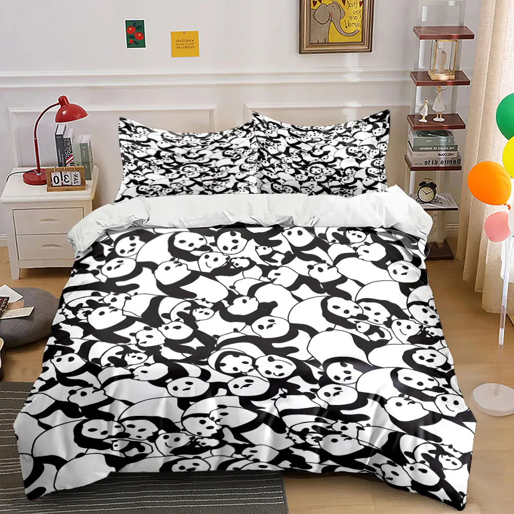 Dense black and white pandas Bedding Set for Kids Luxury Gift 3pcs Digital Print Comforter Set Soft Comfortable Breathable
