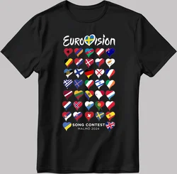 All Flag Eurovision Song Contest MALMÖ 2024 biało-czarna koszulka męsko-damska TB wysokiej jakości krótki rękaw z okrągłym dekoltem 50915