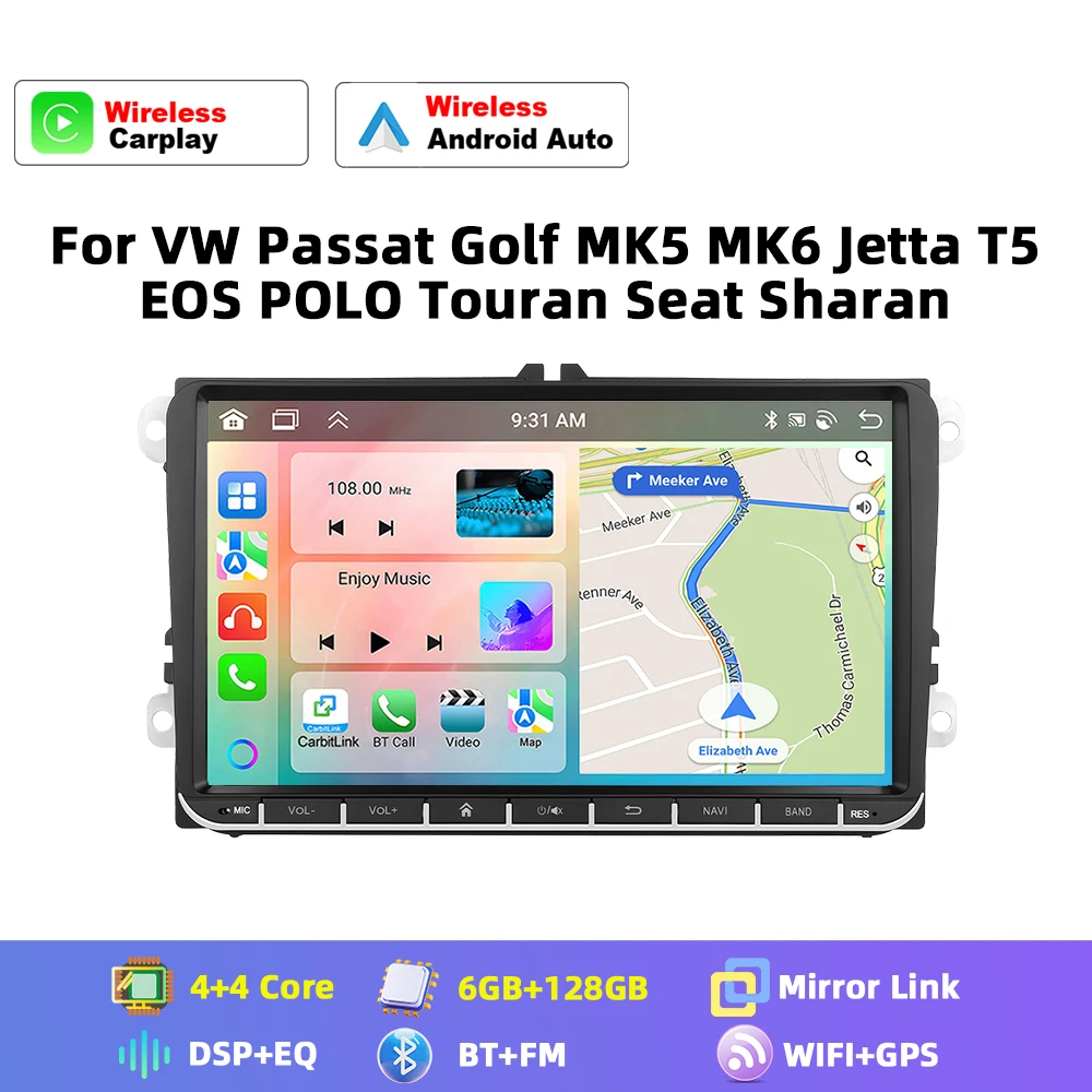 Podofo 6+128G Android 2Din Autoradio Stereo 9" Touchscreen GPS-Navigation für VW Volkswagen Passat Golf MK5 MK6 Jetta T5 EOS POLO Touran Seat Skoda Multimedia-Player