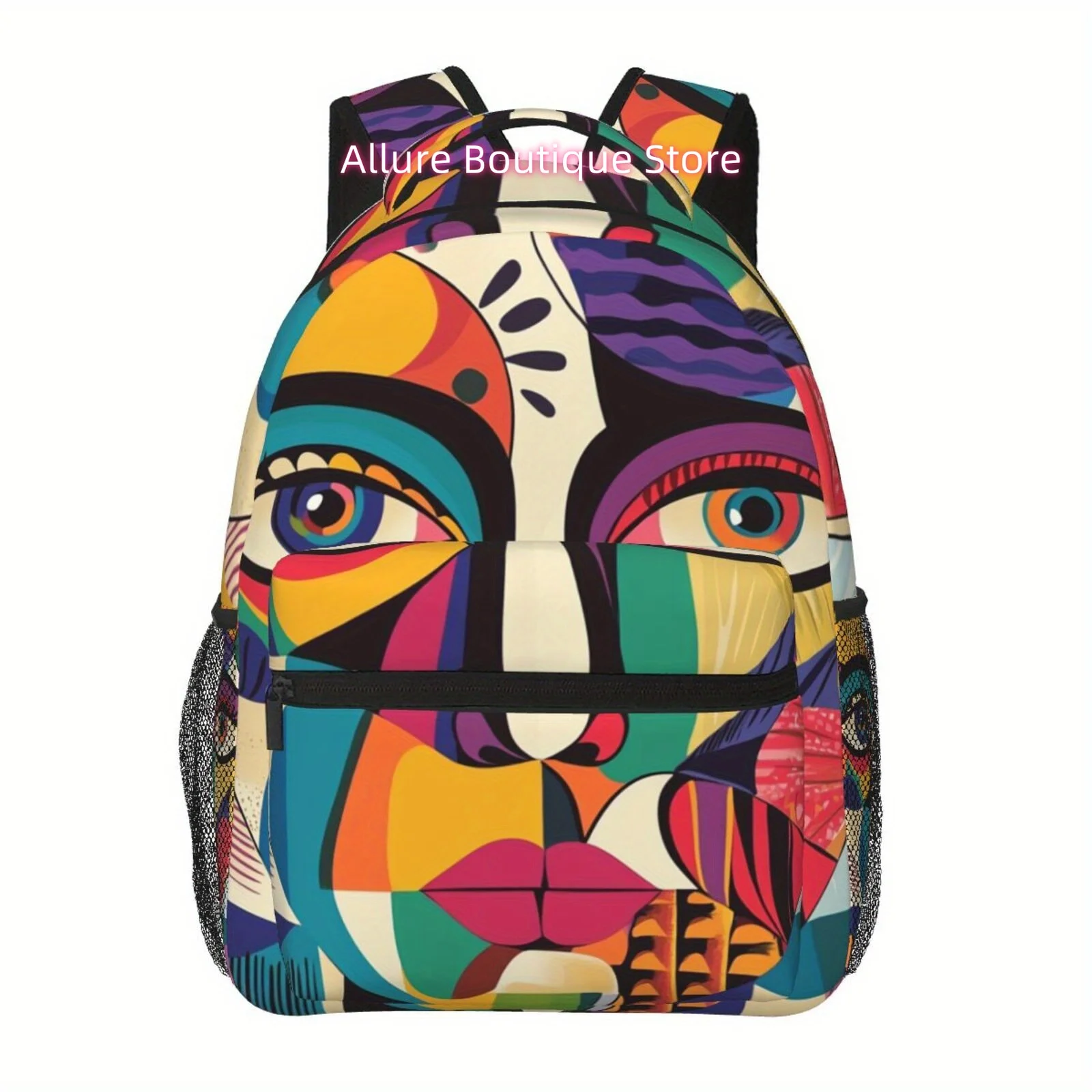 Colorful Print Backpack with Artistic Face Pattern – Adjustable Straps, Large Compartment, Multiple Compartments, Lightweight De