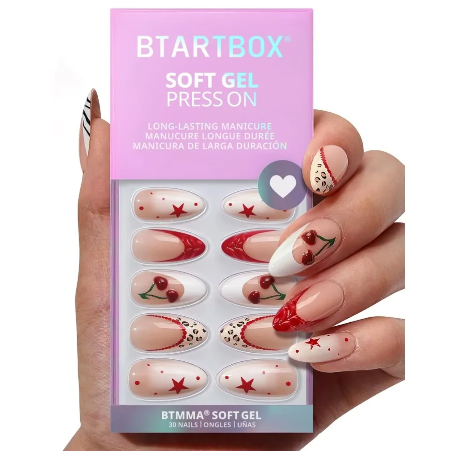 

Press On Nails в форме миндаля с 3D-вишневым дизайном и средним красным французским кончиком для женщин, непрозрачный мягкий гель, клейкие ногти в 15 размерах