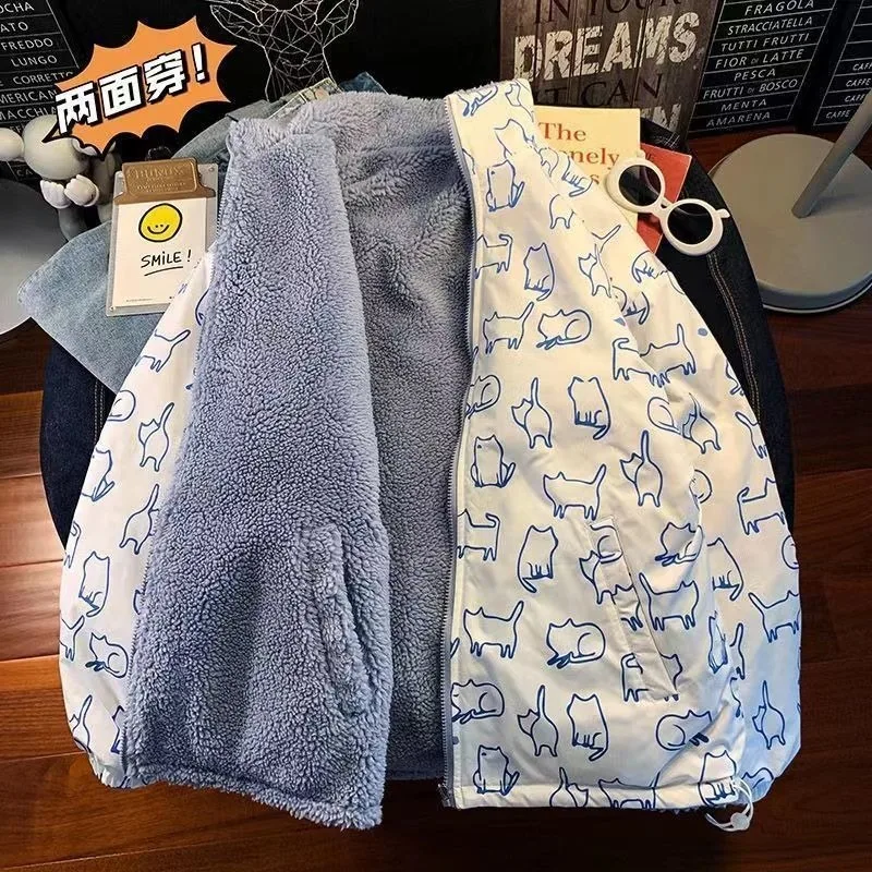 Y2K-abrigo de doble cara con estampado de lana de cordero para hombres y mujeres, abrigos casuales de tendencia gótica Vintage, moda americana,