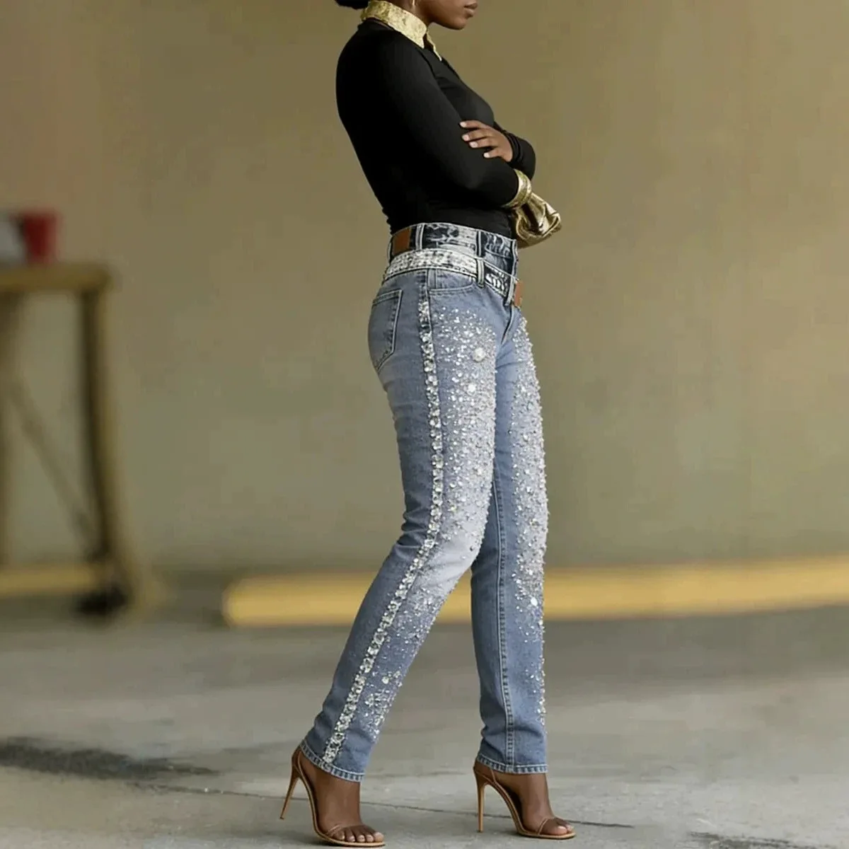 Women's High Waisted Rhinestone Embellished Skinny Jeans, Stretch Denim Slim Fit Pants, Y2K Glam Streetwear Trousers