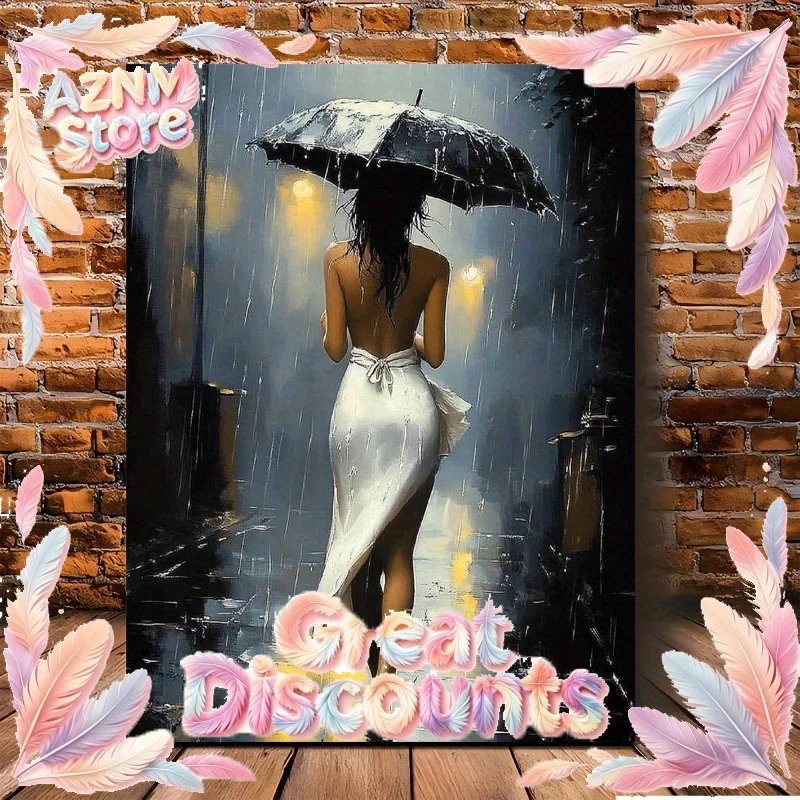 2026 Romantic Rainy Night Canvas Art with Wooden Frame–Elegant Umbrella Street Scene, Perfect for Living Room,Bedr